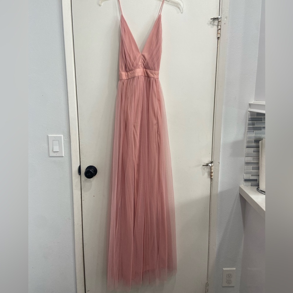 Dusty rose spaghetti strap Elisabeth tulle pleated maxi dress